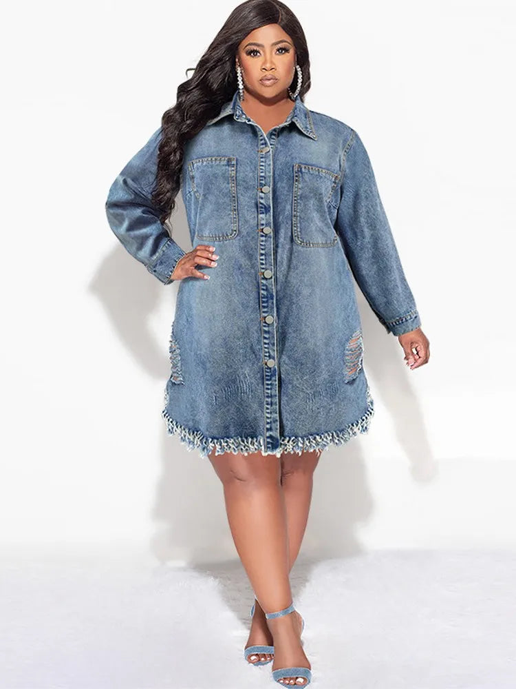 FZ Women's Plus Size Loose Street Style Midi Denim Dress