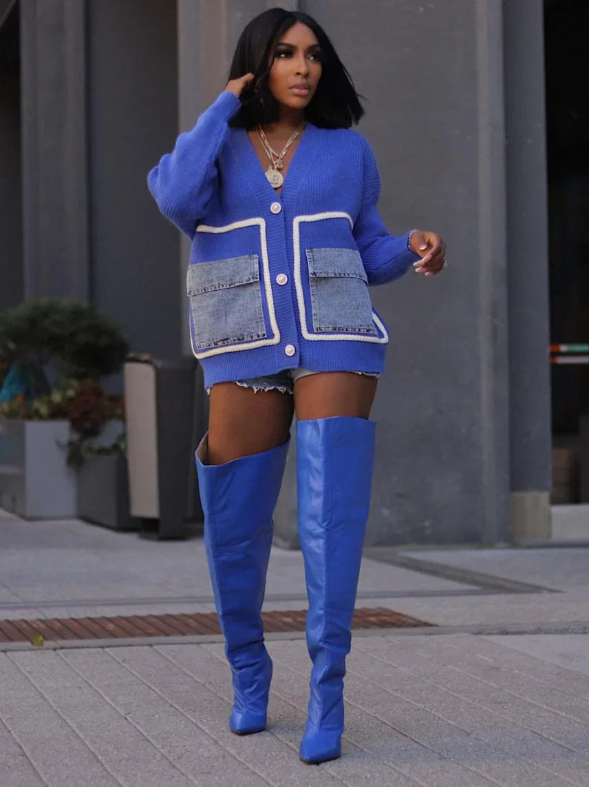 FZ Women's Patchwork Pearl Button Loose Knitted Streetwear Sweater Top