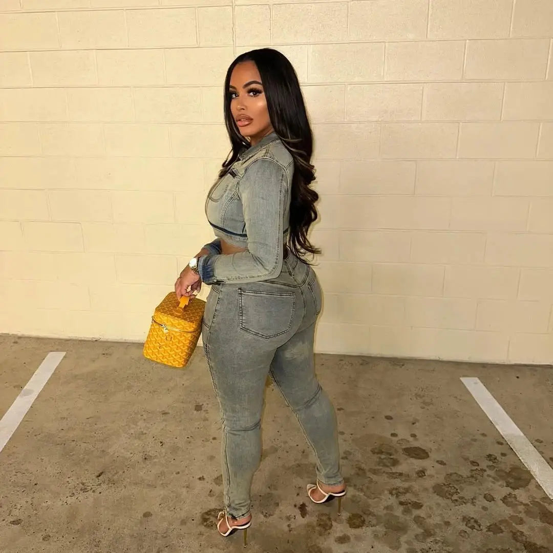 FZ Women's Y2K Streetwear Pencil Two Piece Denim Pants Suit