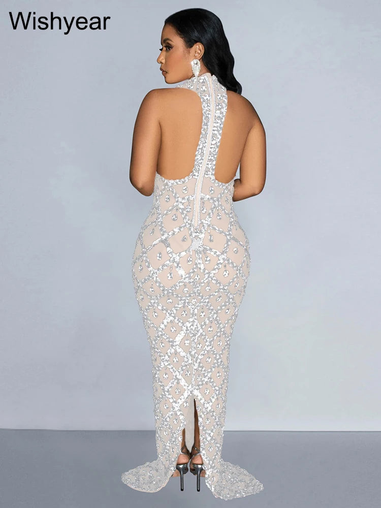 FZ Women's Pink Sequins Sleeveless Backless Halter Sexy Evening Dress - FZwear