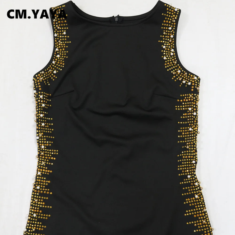 FZ Women's Hot Rhinestones Tassel O-neck Women Sleeveless Evening Dress