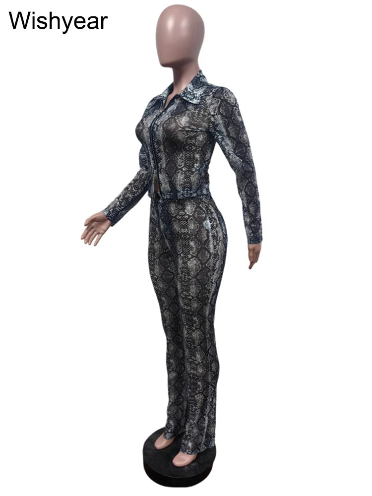 FZ Women's Snake Pattern Full Sleeve Skinny Two Piece Pants Suit