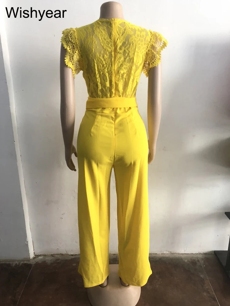 FZ Women's Sleeveless High Waist Wide Leg Lace Patchwork V-Neck Jumpsuit