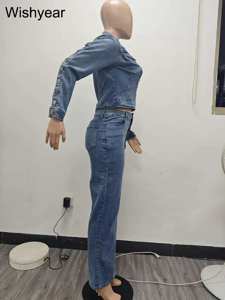 FZ Women's Vintage Single Breasted Button 2 Pieces Denim Pants Suit