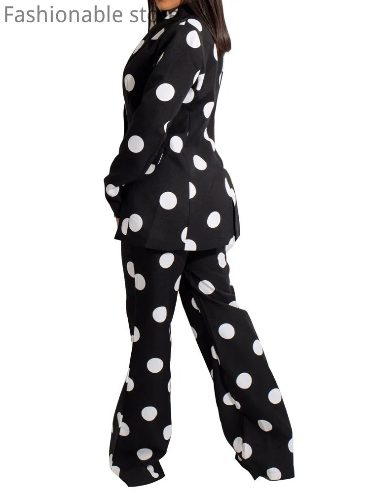 FZ Women's One Button Dot Print High Waist Straight Pants Suit