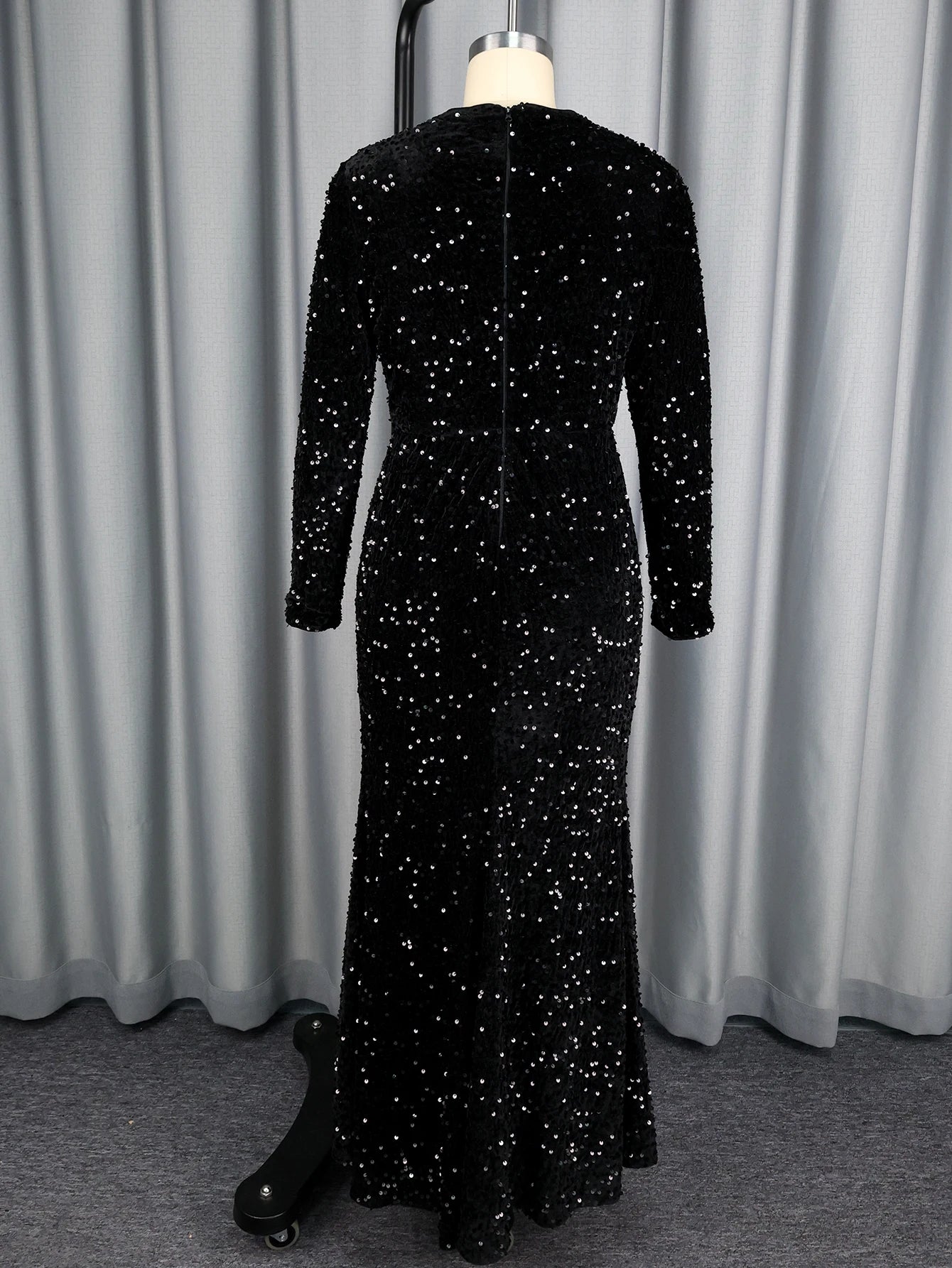 FZ Women's Long Sleeve Glitter Velvet Sequin Maxi Evening Dress