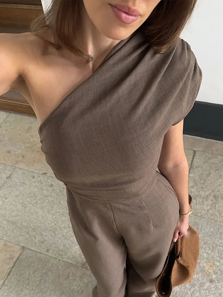 FZ Women's One Shoulder Sleeveless High Waist Wide Leg Jumpsuit