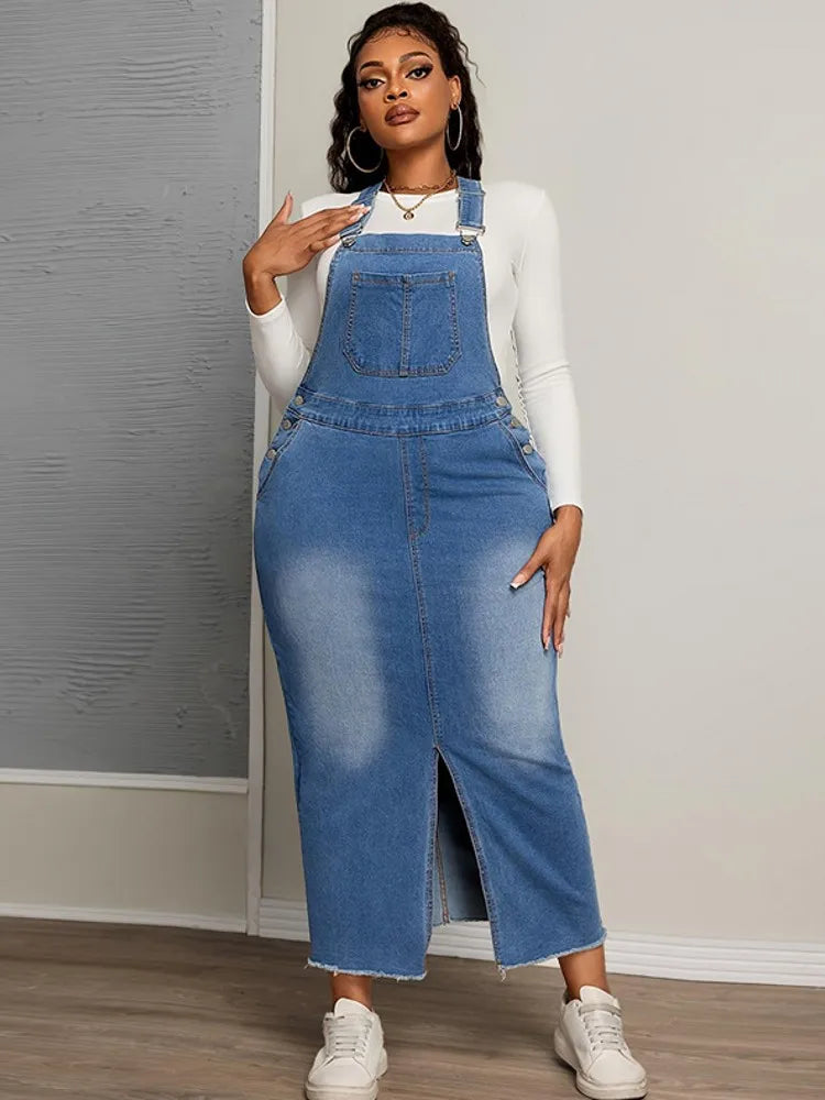 FZ Women's Plus Size Loose Street Style Halter Back Maxi Denim Dress