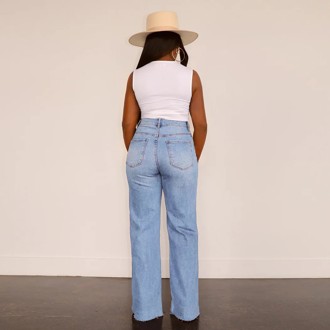 FZ Women's High Waist Wide Leg Street Ripped Denim Pants - FZwear