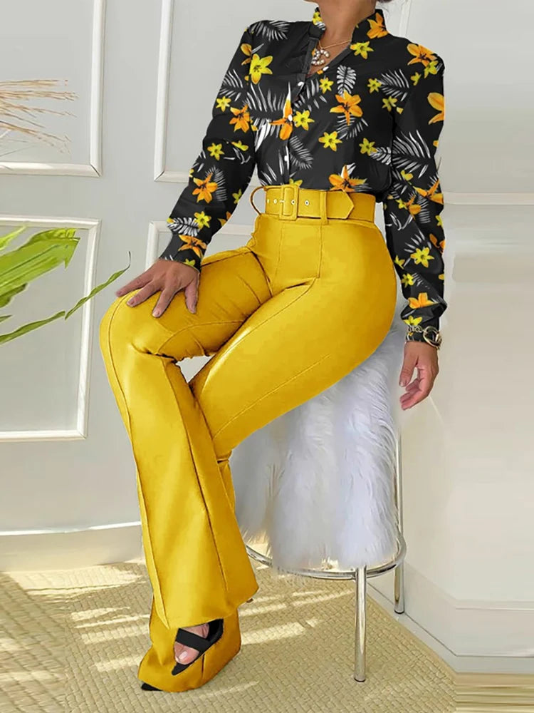 FZ Women's Elegant Wide Leg Retro Printed Slim Fit Office Pants Suit - FZwear