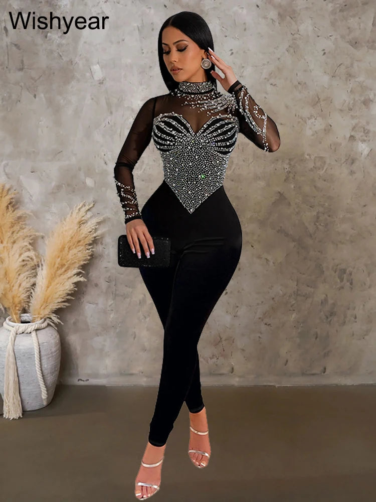 FZ Women's Mesh Patchwork Rhinestone Skinny Jumpsuits - FZwear