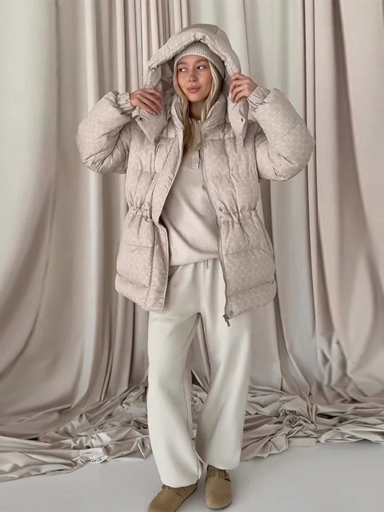 FZ Women's Padded Printed Outerwear Waist-Cinching Coat Jacket