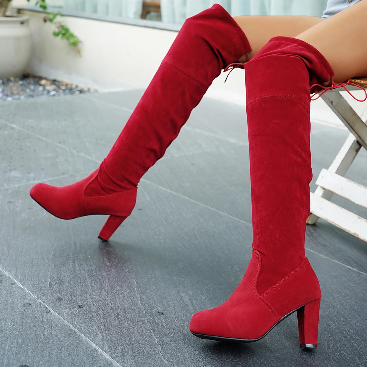 FZ Women's High heel round head cuff Lace-Up Over-Knee Boots Shoes