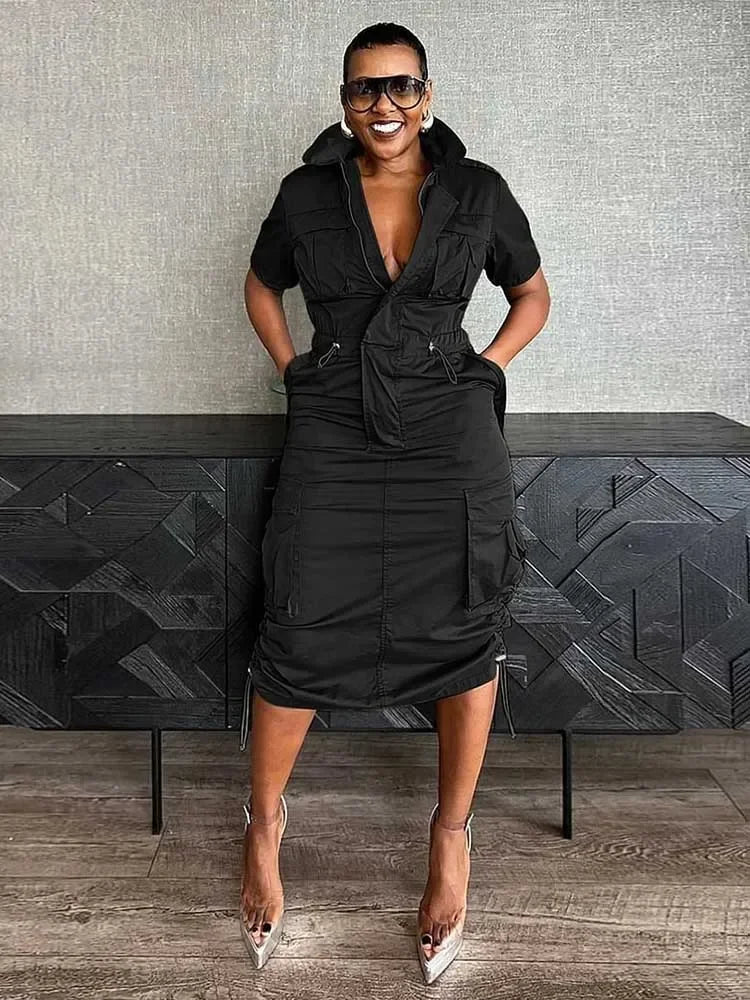 FZ Women's Drawstring Waist Pocket High Street Vintage Retro Midi Dress