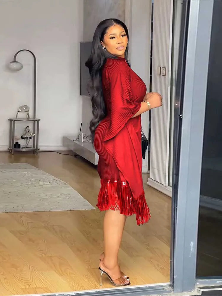 FZ Women's Tassel Sequin Stretchy Batwing Sleeves French Style Knitted Dress