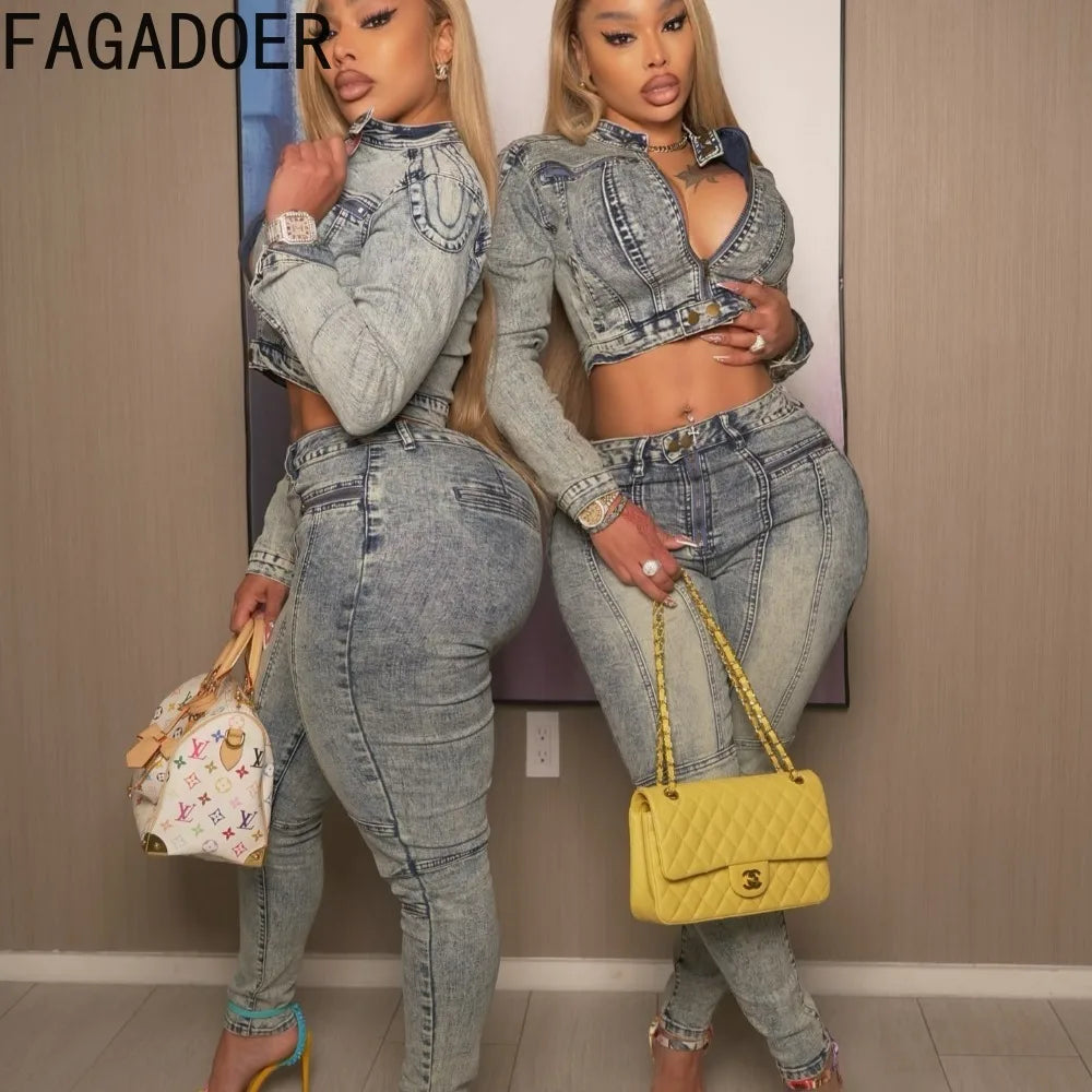 FZ Women's Solid Color Zip Long Sleeve Streetwear 2-Piece Denim Pants Suit