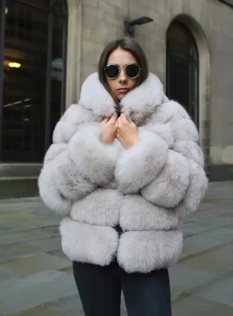 FZ Women's Faux Fur Hooded Zipper Full Sleeve Thick Warm Open Stitch Coat Jacket