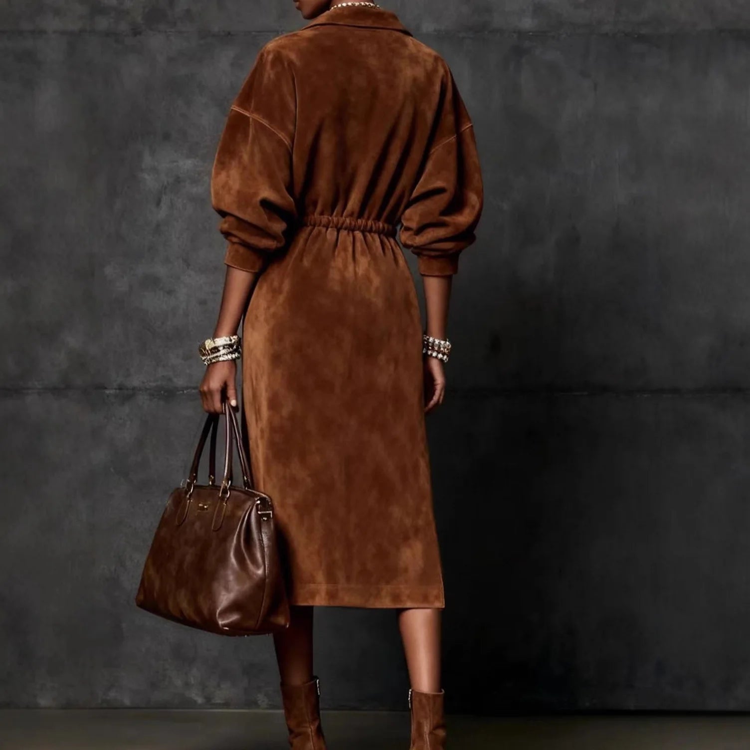 FZ Women's Suede Velvet Drawstring Solid Vintage Split Hem Midi Dress