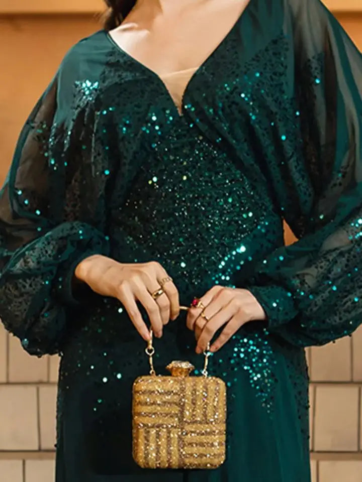 FZ Women's Plus Size V Neck Lantern Sleeve Sequin Evening Dress