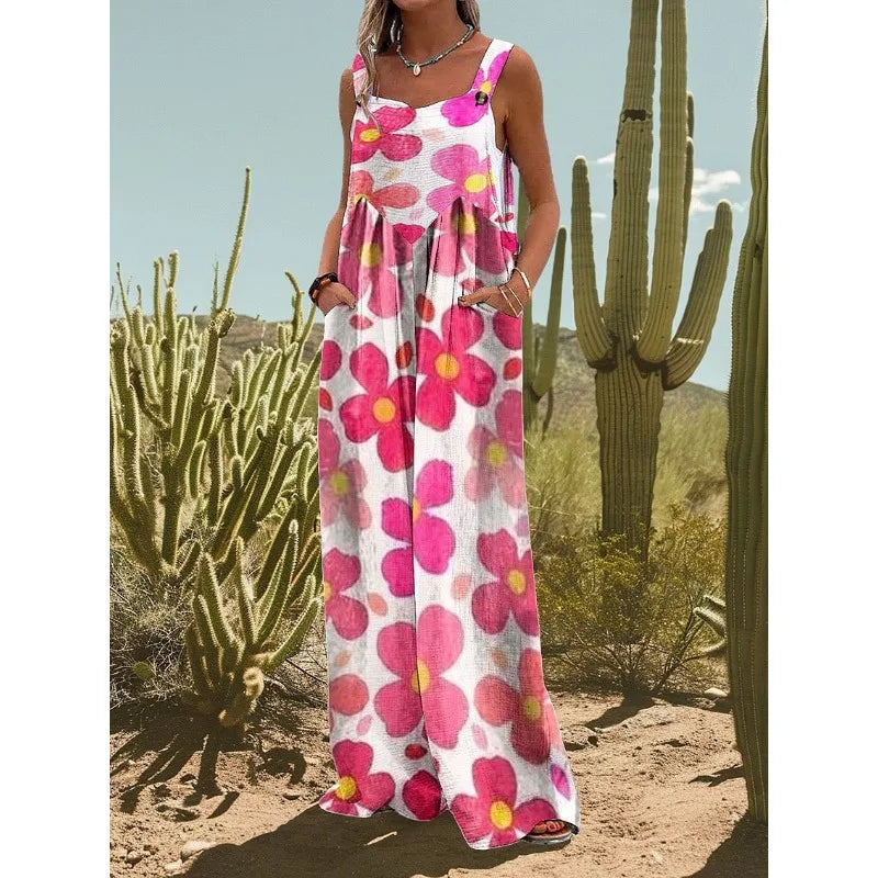 FZ Women's Vintage Flower Daisy Print Casual Strap Wide Leg Jumpsuit - 4 - FZwear