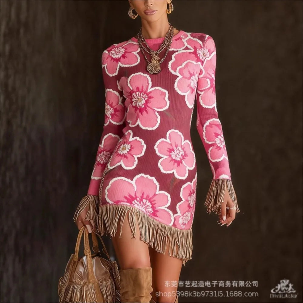 FZ Women's Retro Print Tassel Slim Fit O Neck Mini Knitted Sweater Dress