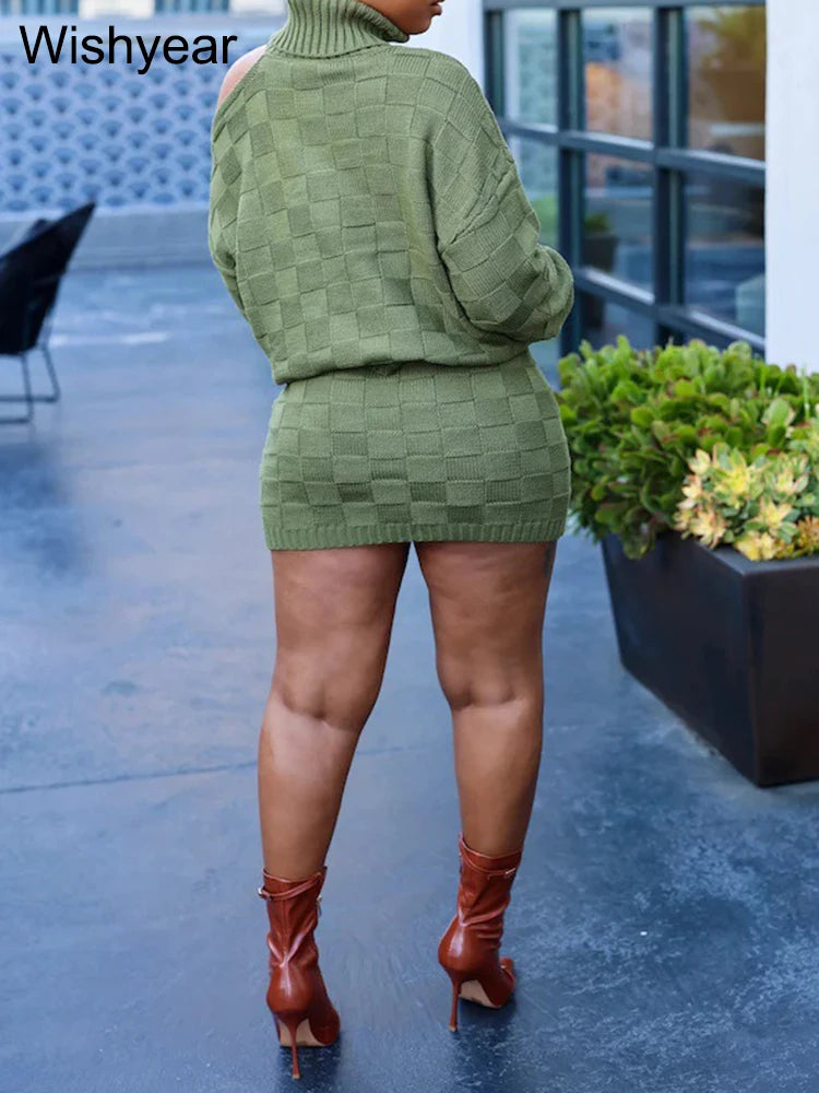 FZ Women's Long Sleeve Turtleneck Grid Knitted 2 Piece Mini Skirt Suit