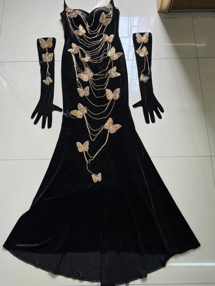 FZ Women's Sexy Off the Shoulder Bow Diamond Chain Velvet Elegant Evening Dress - FZwear