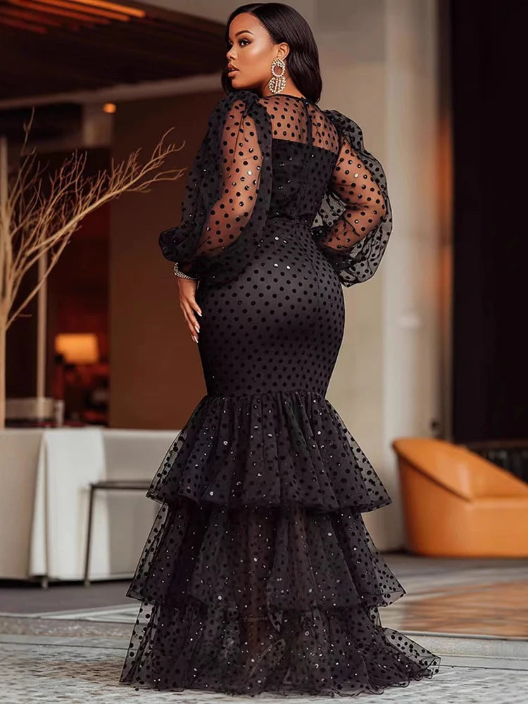 FZ Women's Plus Size Polka Dots Crew Neck Mesh Sheer Tiered Ruffle Hem Evening Dress