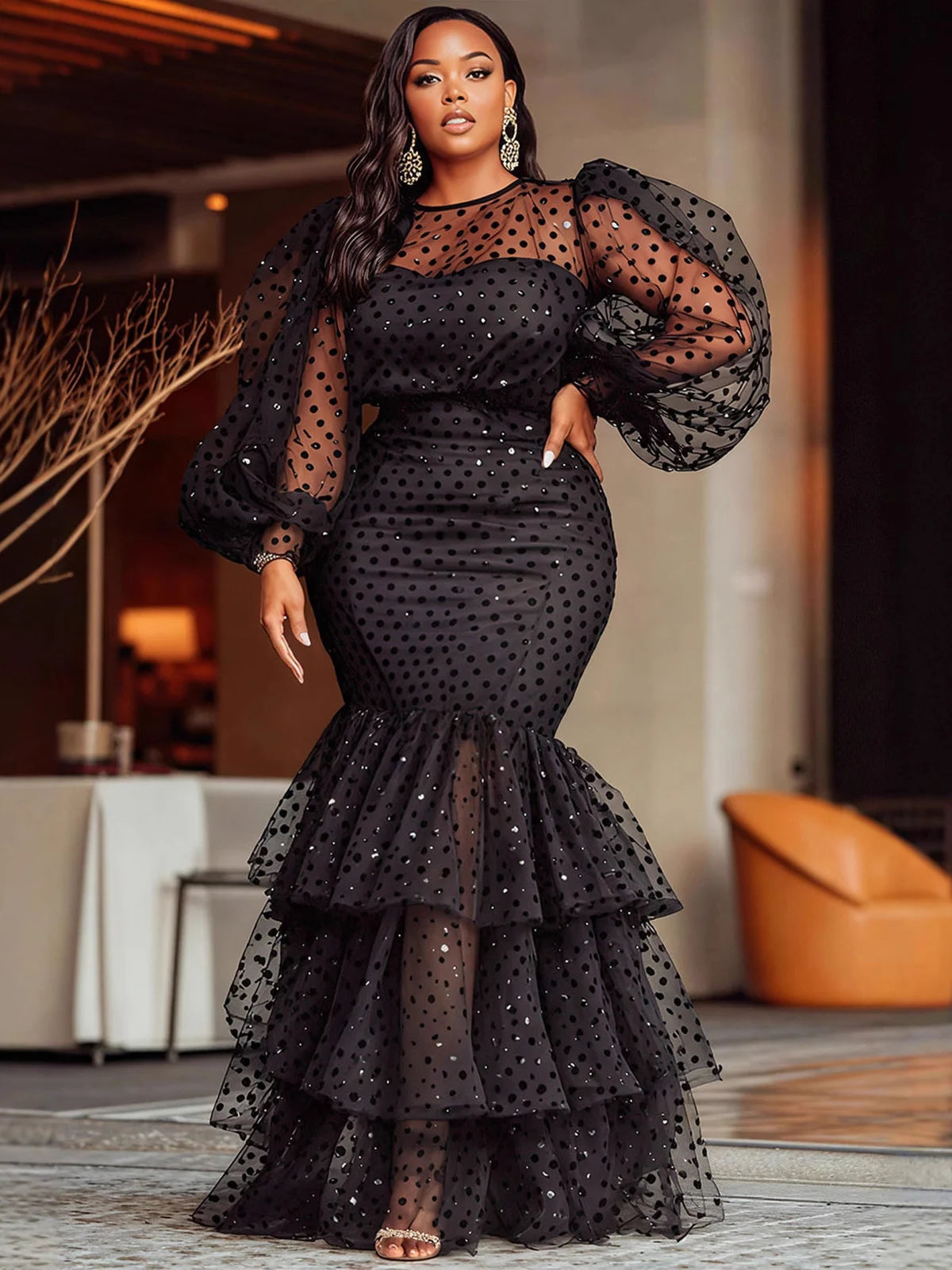 FZ Women's Plus Size Polka Dots Crew Neck Mesh Sheer Tiered Ruffle Hem Evening Dress