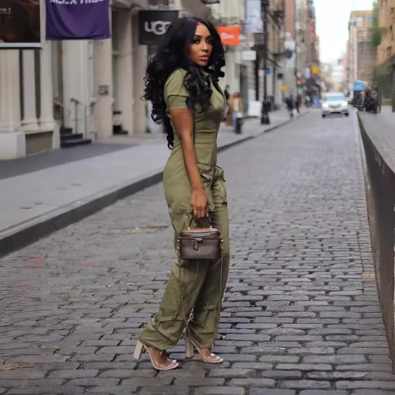 FZ Women's Cargo Turn Down Collar Streetwear Overalls Fashion Sexy Jumpsuit - FZwear