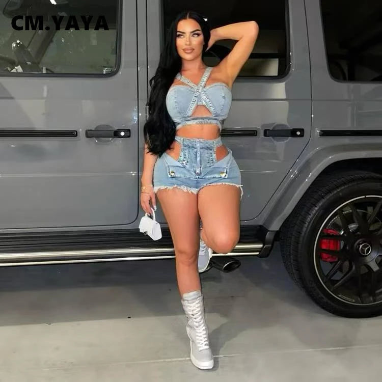 FZ Women's Wrap Strap Two 2 Piece Cutout Denim Shorts Suit