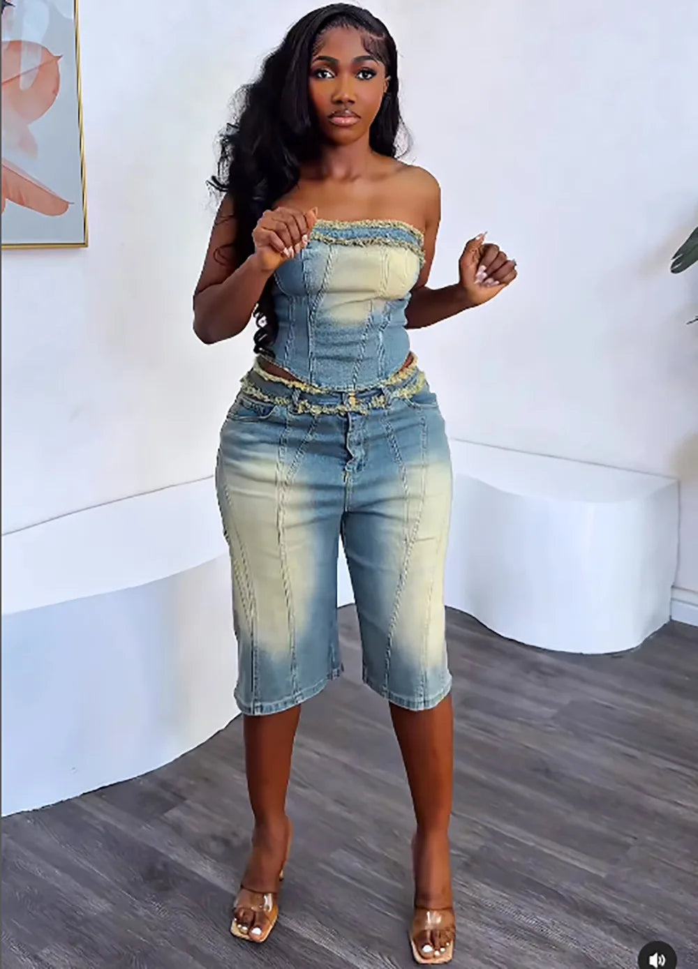 FZ Women's Fringed Strapless High-waisted Denim Shorts Suit