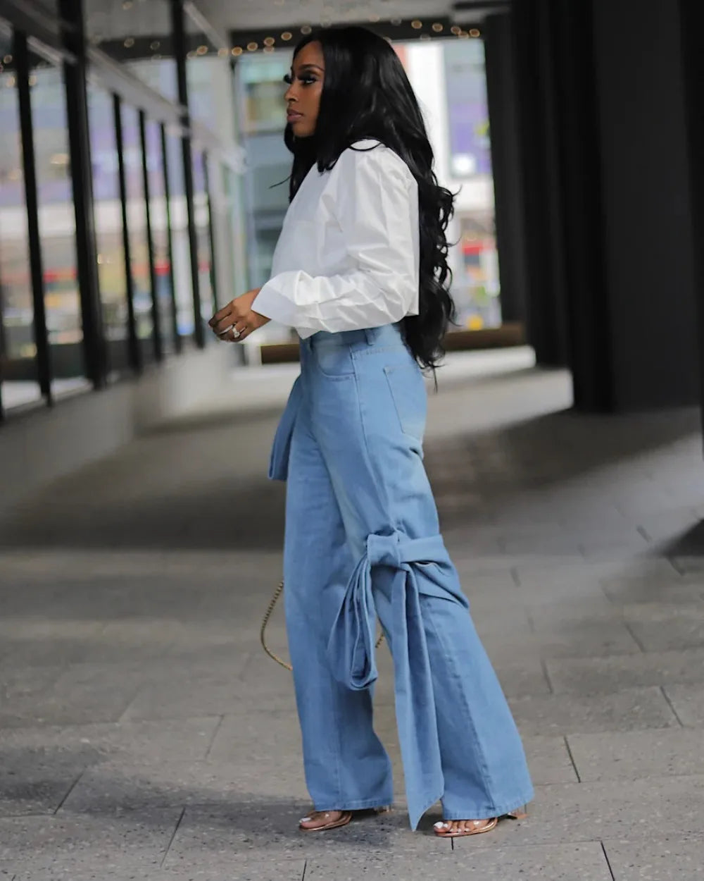 FZ Women's Bandage Wide Leg High Waisted Button Pocket Denim Pants - FZwear