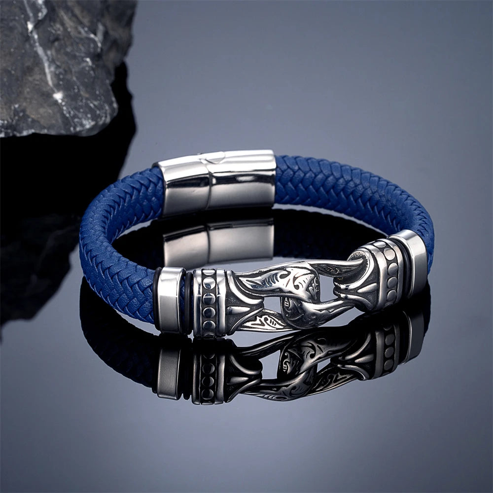 FZ Men's Leather Weaved Stainless Steel Infinity Viking Bracelet