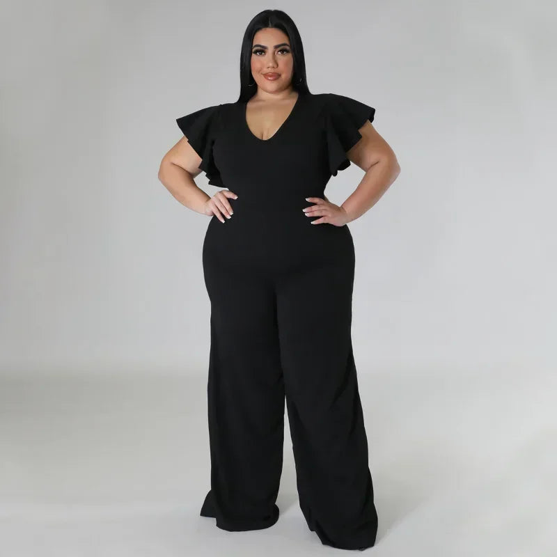 FZ Women's Plus Size V-neck Ruffles Sleeve High Waist Wide Leg Straight Jumpsuit