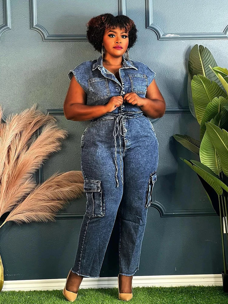 FZ Women's Elastic Waist One Piece Sleeveless Denim Jumpsuit