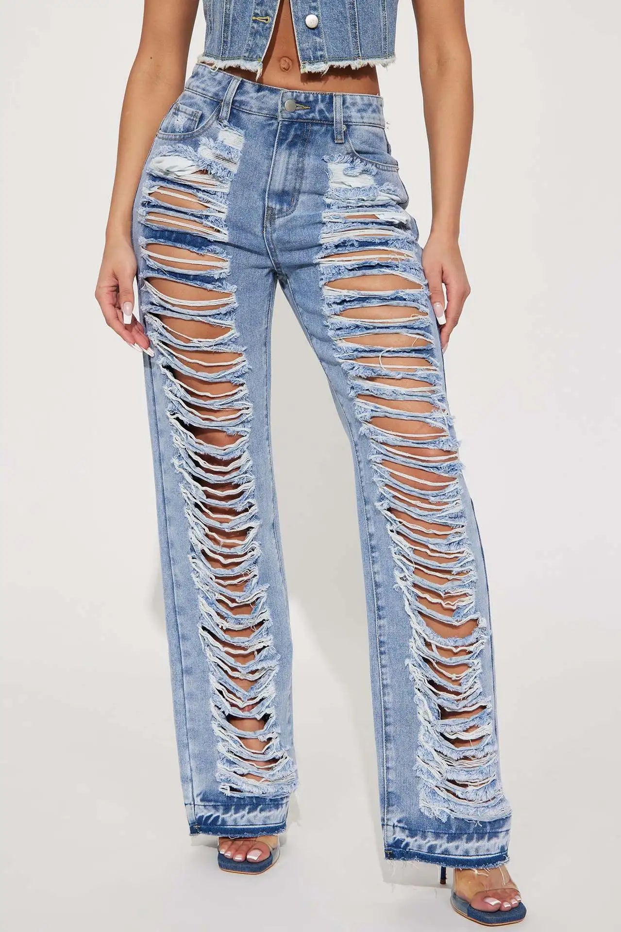 FZ Women's Streetwear Cutout Ripped Hollow Out Wide Leg Denim Pants - FZwear