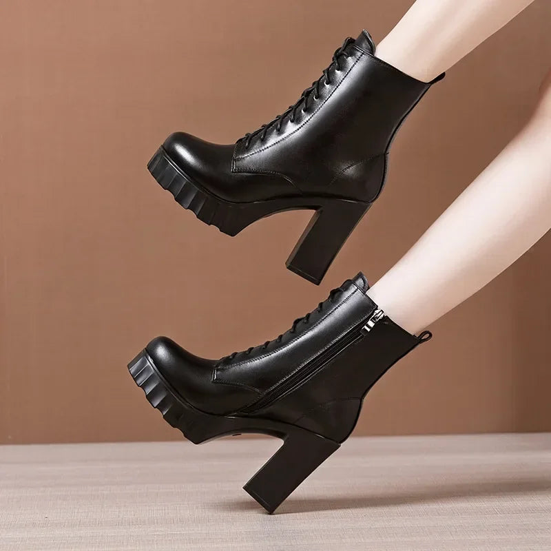 FZ Women's Block High Heels Warm Plush Thick Platform Ankle Boots