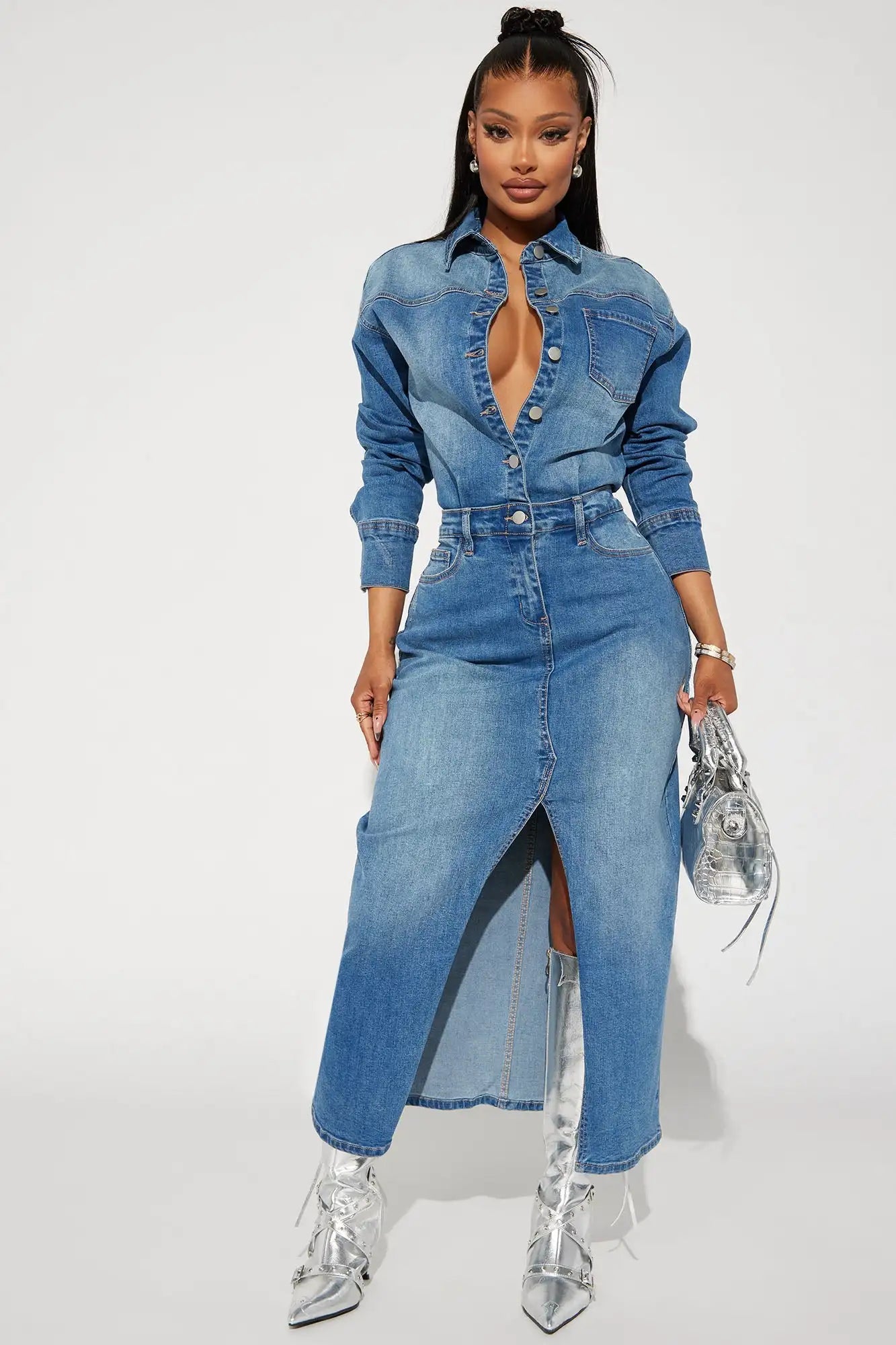FZ Women's Turn Down Collar Split Long Maxi Denim Dress