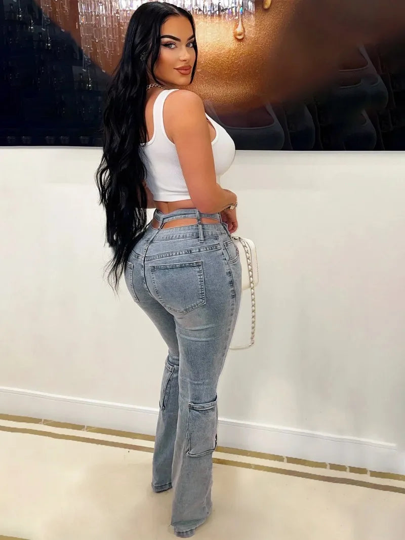 FZ Women's Cargo High Stretch Cross Straps Slim Streetwear Denim Pants - FZwear