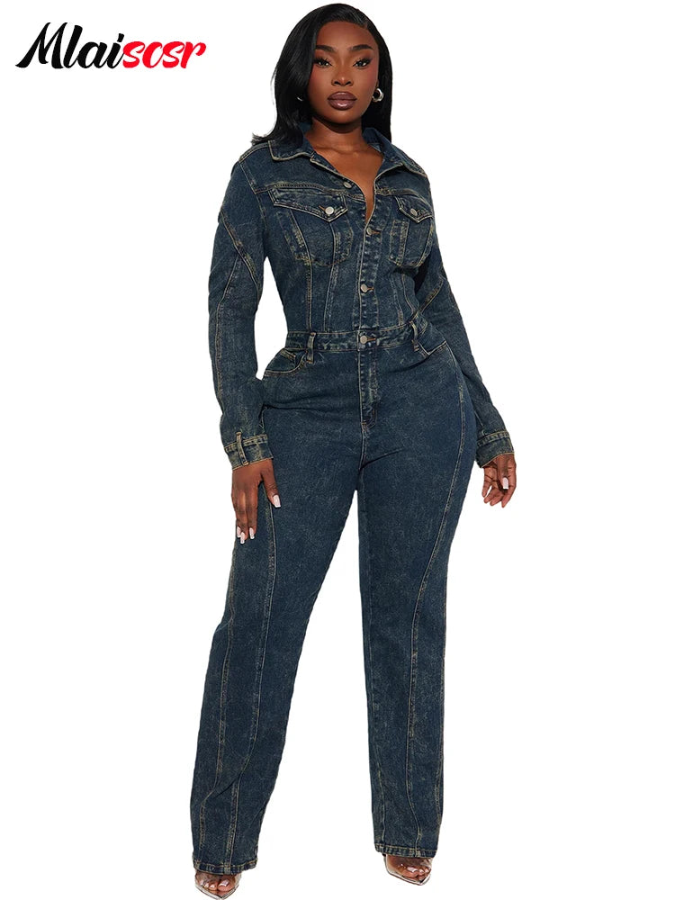 FZ Women's Turn Down Collar Full Sleeve Loose Wide Leg Denim Jumpsuit