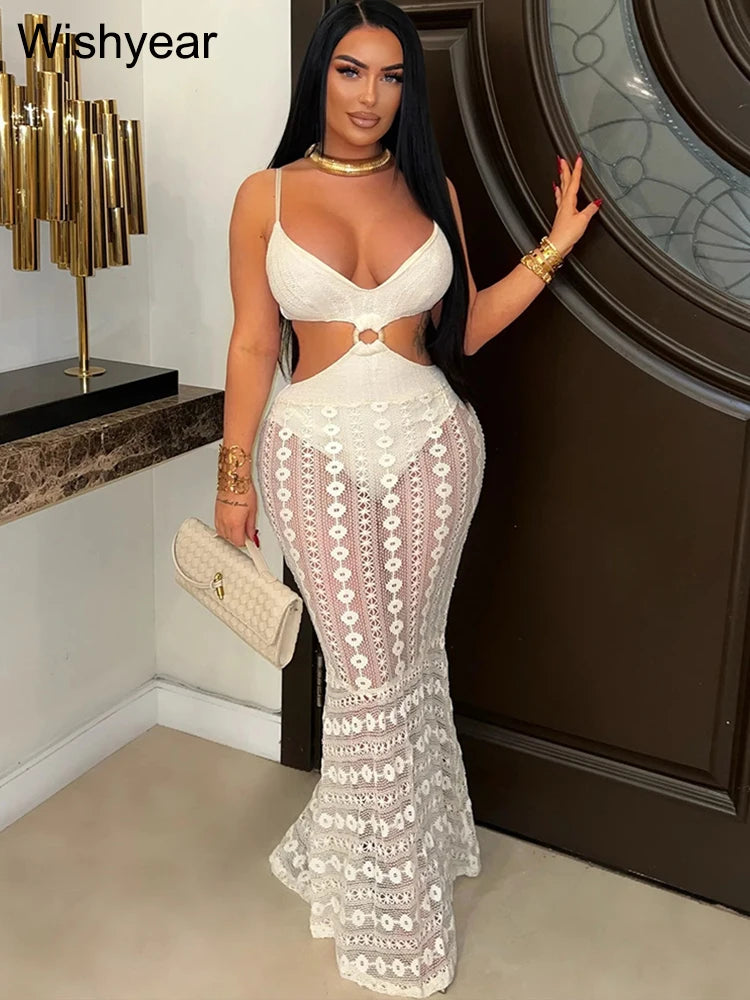 FZ Women's Spaghetti Strap V-Neck Hollow Out Lace See Through Maxi Dress