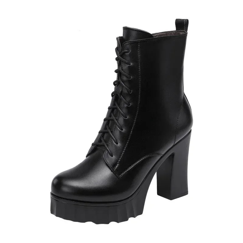 FZ Women's Block High Heels Warm Plush Thick Platform Ankle Boots