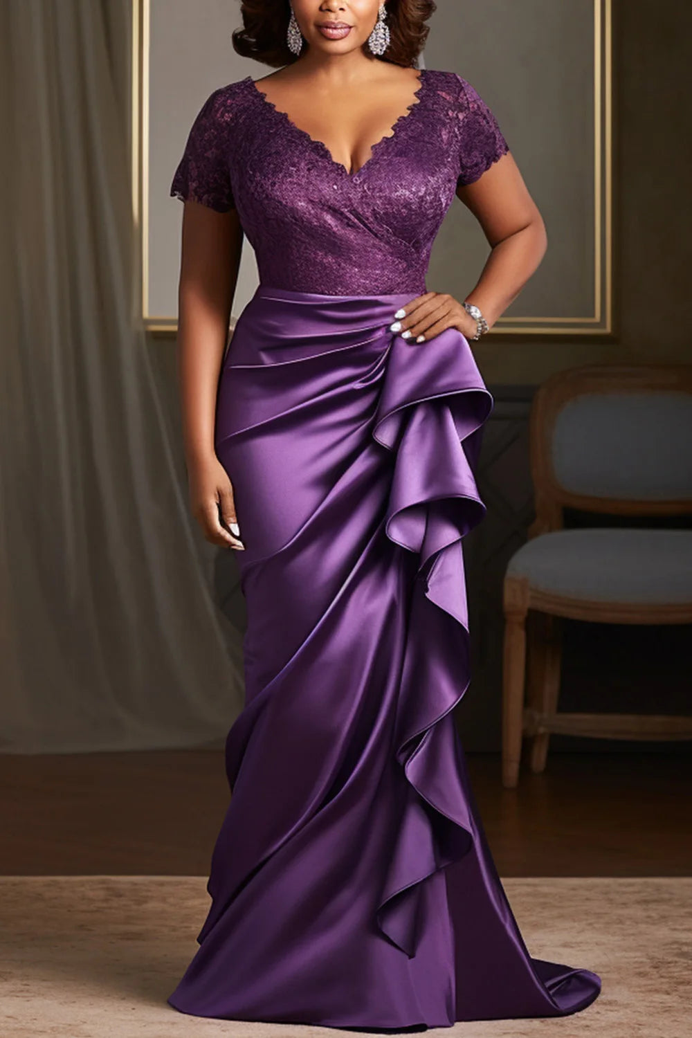 FZ Women's Plus Size V Neck Short Sleeve Ruffled Fold Lace Maxi Dress