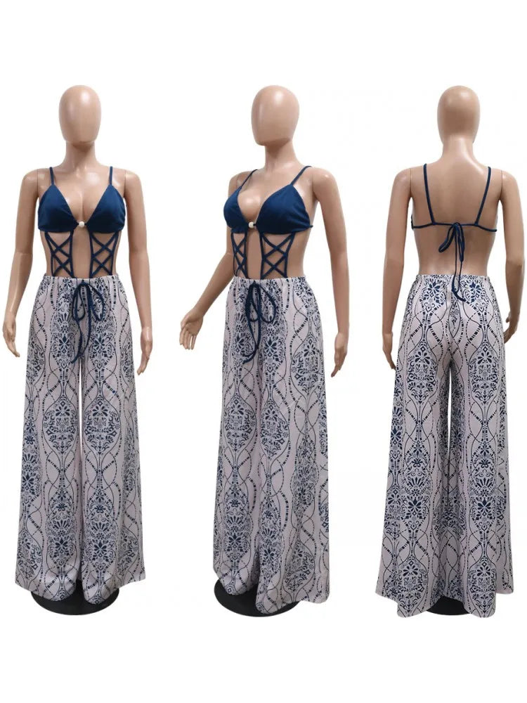 FZ Women's Sleeveless Bandage Wide Leg Print Stripe Jumpsuit DSers