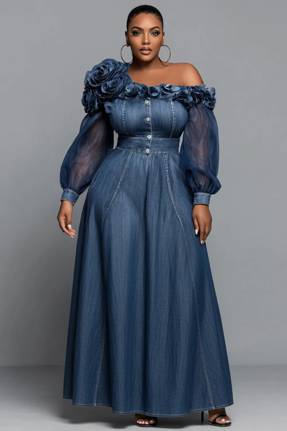 FZ Women's Plus Size One Shoulder Long Sleeve 3D Elegant Maxi Denim Dress