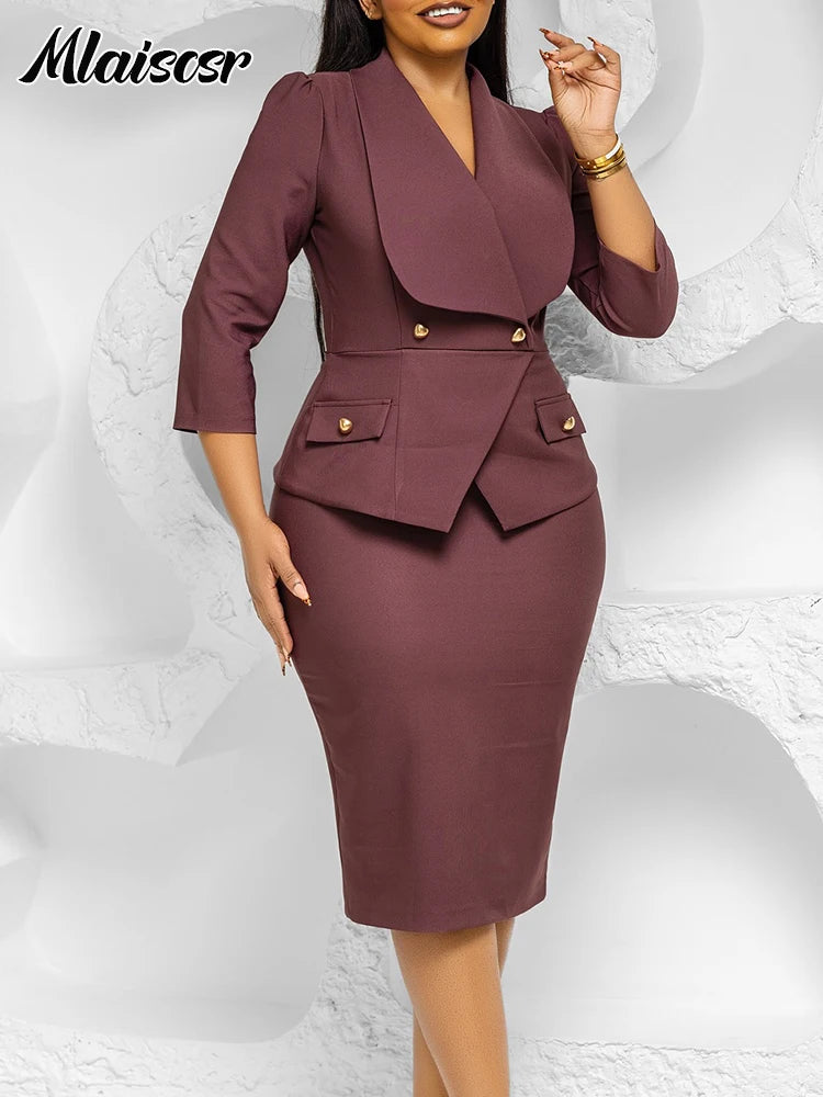 FZ Women's 3/4 Sleeve button Slim pencil Mid Dress