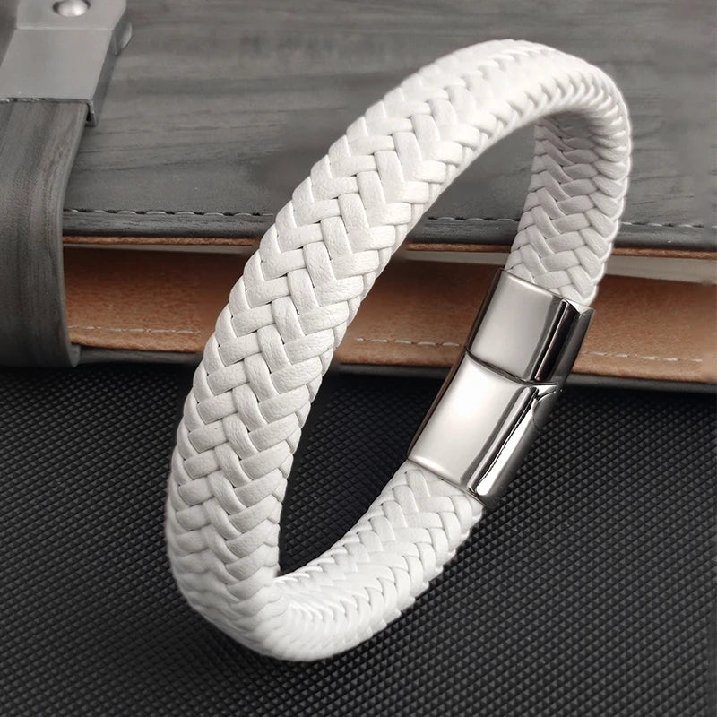 FZ Simple White Leather Braid Stainless Steel Buckle Clasps Bracelet - FZwear