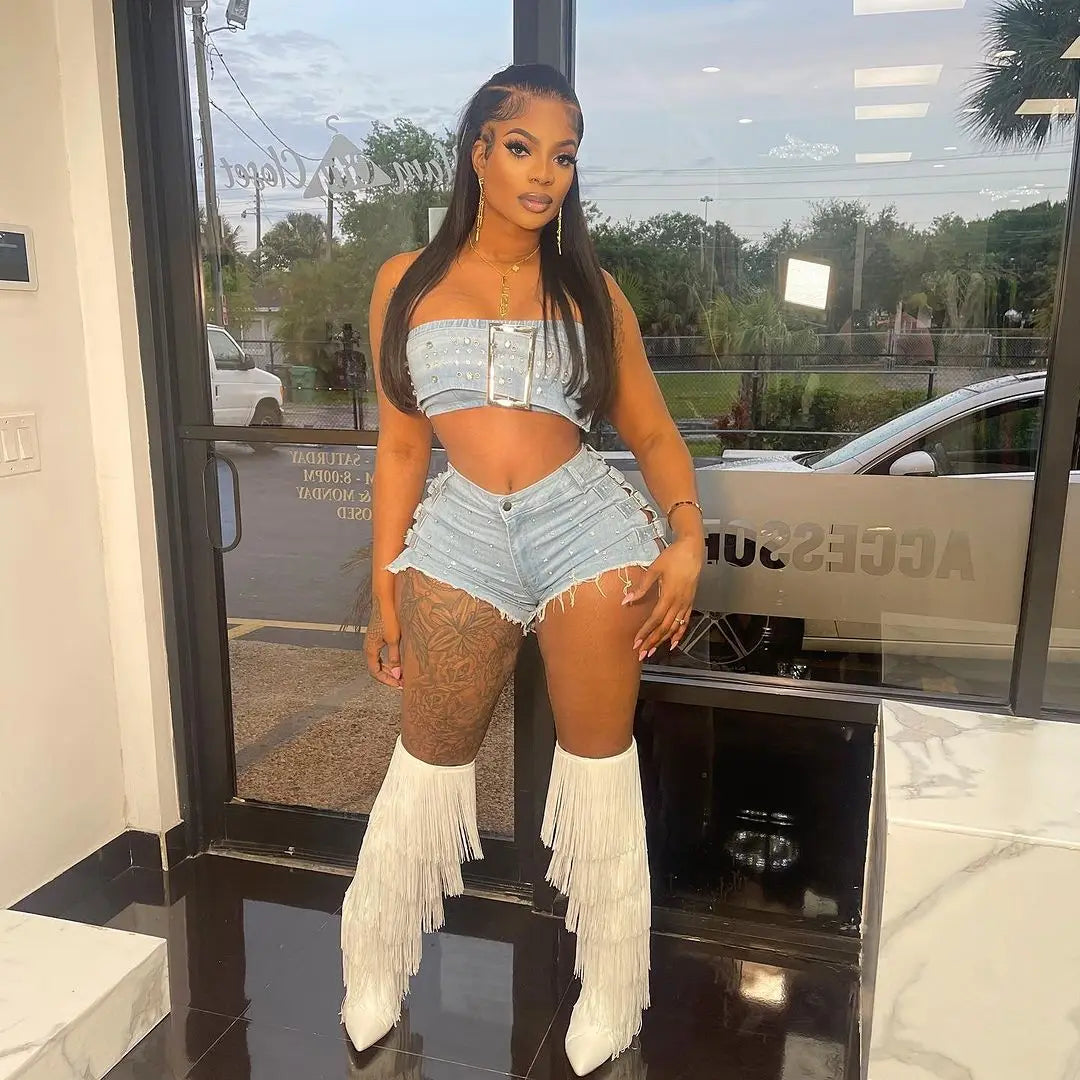 FZ Women's Drill Set Wrap Waist Waist Slim Denim Shorts Suit - FZwear