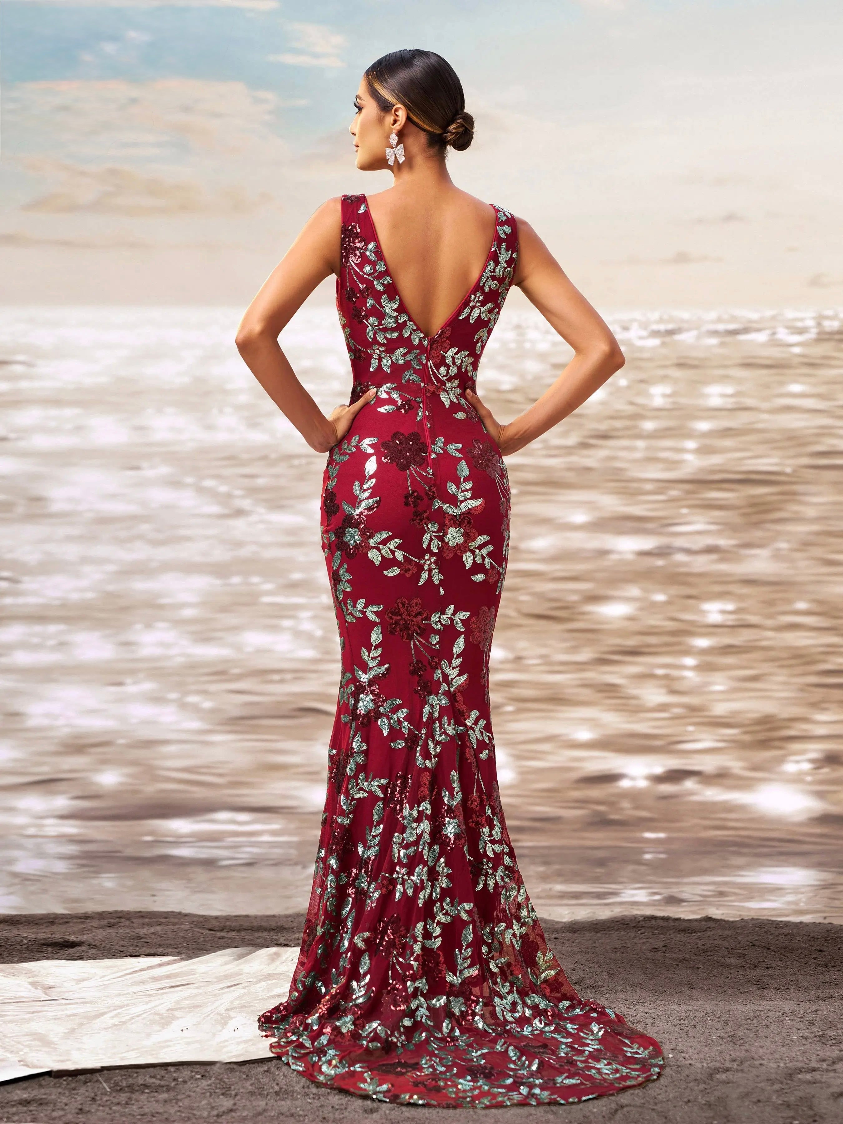FZ Women's V Neck Sequin Mermaid Cocktail Floor Length Evening Dress